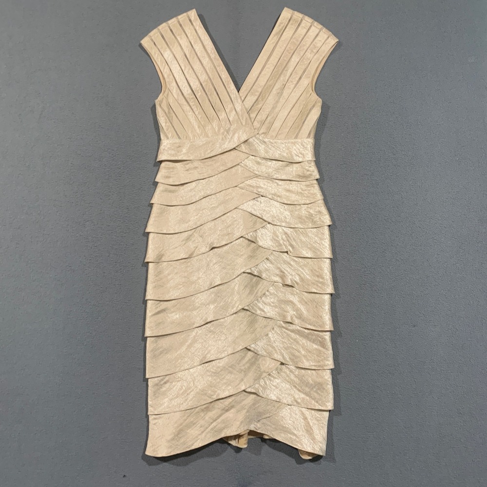 Cache Womens‎ Champagne Gold Metallic Tiered Ruffle V-Neck Cocktail Dress Size 2